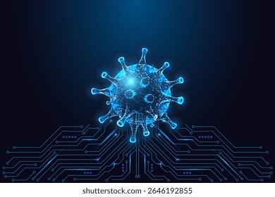 Glowing digital virus form above a circuit board on dark blue background. Concept for biotech, healthcare innovation, cybersecurity, and medical AI. Vector illustration in futuristic wireframe style.