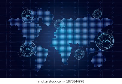 Glowing digital world map with stock market chart  and percentage analytics. Vector illustration in flat style.