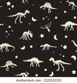 Glowing dinosaur bones and night sky stars vector seamless pattern.