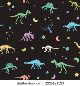 Glowing dinosaur bones and night sky stars vector seamless pattern.