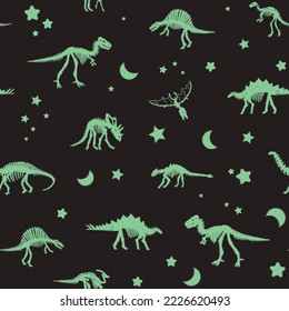 Glowing dinosaur bones and night sky stars vector seamless pattern.