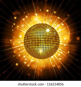 Glowing disco ball on a light burst background