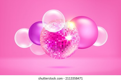 Glowing disco balls on pink background. Vector 3d banner with copy space