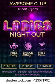 Glowing disco pink and gold advertising poster customizable template for ladies night out. Replace existng text to customize template for your event.