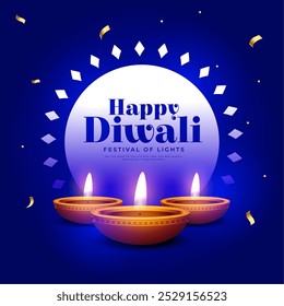 glowing diwali diya blue background with golden confetti decor vector