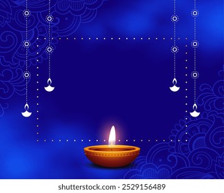 Brillante Diwali Diya sobre fondo azul con Vector de espacio de texto