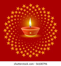 Glowing Diwali Lamp On Star Burst Background