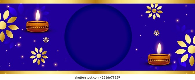 glowing diya shubh diwali purple golden banner with text space vector
