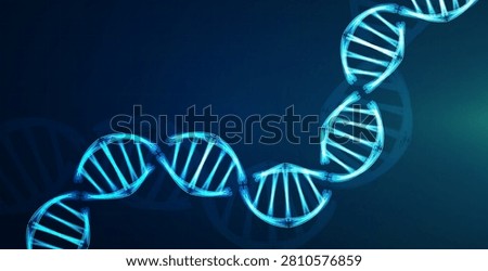 Glowing DNA helix curves across a dark blue background. Science concept for genetics, biotechnology, medicine, research, and data design.