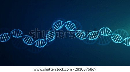 Glowing DNA helix curves across a dark blue background. Science concept for genetics, biotechnology, medicine, research, and data design.