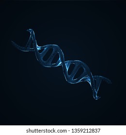 Glowing Dna helix sequencing vector background. Dna 3d molecule consist of lightings, particles, points. Abstract light molecules design. Medical, technology, chemistry, science illustration,