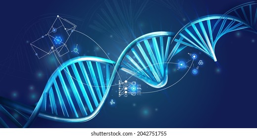 Glowing DNA spiral and HUD elements on a dark blue background.