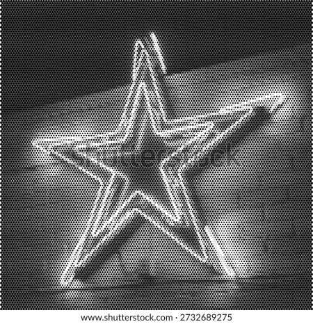 A glowing dot pattern illustration of a neon star sign light. This retro design captures the vibe of classic diners, motels, and nightlife. Perfect for retro nightlife posters, music album covers, party flyers, and vintage signage branding. The halftone effect simulates the glow and buzz of neon tubes. High-quality vector file for stylish and nostalgic designs.