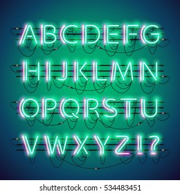 Glowing double neon green alphabet set. Used neon brushes included. There are fastening elements in a symbol palette.