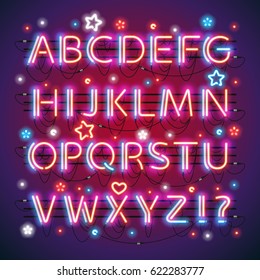 Glowing double neon red blue alphabet makes it quick and easy to customize your USA Independence Day project. Used neon brushes included. There are fastening elements in a symbol palette.