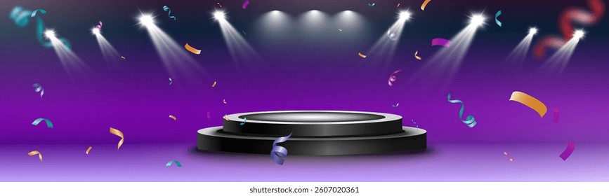 Glowing double podium with falling confetti and sparkles, festive celebration scene, luxury award stage, vibrant party decoration, shimmering event background, elegant spotlight illumination.