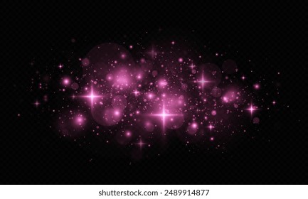 Glowing dust particles effect. Cosmic glittering light effect on transparent background. Christmas concept.