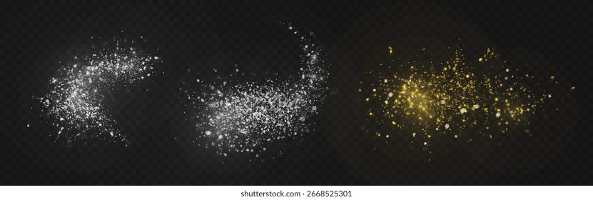 Glühende Staubpartikel explodieren mit Schimmer-Effekt - leuchtend weiße Funkeln platzen, goldene Pulverwolken auf schwarzem Hintergrund für Overlay-Design, magische Lichtelemente und luxuriöse Dekorationsgrafiken.