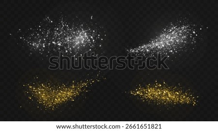 Glowing dust particles explosion with shimmer effect - bright white sparkles burst, golden powder clouds on black background for overlay design, magical light elements and luxury decoration graphics.