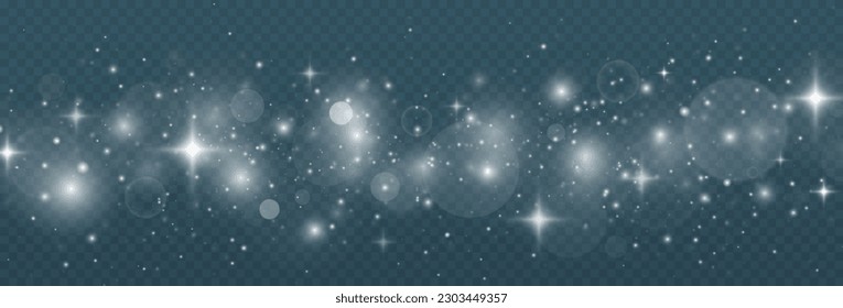 Glowing dust particles on transparent background. Christmas concept. White sparks and stars glitter special light effect.