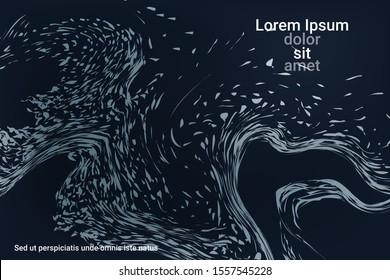 Glowing dynamic fluid particles in a flat style on a dark background.  Holiday concept. Flat design style.  Abstract vector illustration.