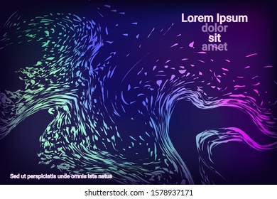Glowing dynamic fluid particles in a flat style on a dark background.  Abstract template.  Fashionable fluid cover design. Abstract vector illustration.