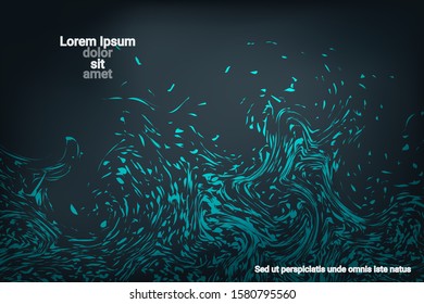 Glowing dynamic fluid particles in a flat style on a dark background.  Abstract template.  Liquid wave modern background. Abstract vector illustration.