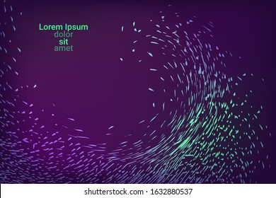 Glowing dynamic fluid particles in a flat style on a dark background.  Abstract template.  Liquid wave modern background. Colorful vector illustration for poster design.