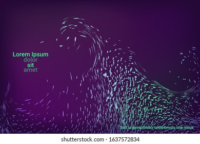 Glowing dynamic fluid particles in a flat style on a dark background.  Abstract template.  Liquid wave modern background. Vector business illustration.