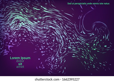 Glowing dynamic fluid particles in a flat style on a dark background.  Abstract template.  Liquid wave modern background. Colorful vector illustration for poster design.