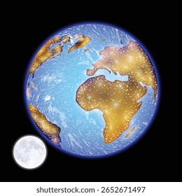 Terra Brilhante e Lua Cheia no Espaço - Ilustração Vetorial de Vista Noturna do Planeta Terra com Luzes da Cidade e Fundo Cósmico Panorâmico.