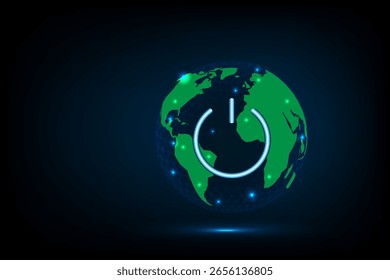 Glowing Earth with a power button symbol at its center, representing global energy, sustainability and digital activation, earth hour concept, vector illustration