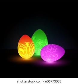 Glowing Easter eggs with neon ornaments on dark background. Luminous eggs with pattern.