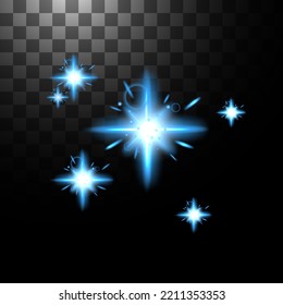 Glowing effect bright stars, lens flare. Vector illustration isolated.