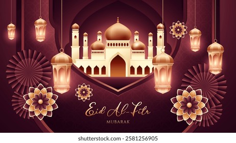 Glowing Eid Lanterns with Majestic Mosque and Elegant Islamic Ornaments
