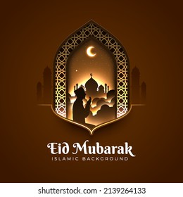 Glowing Eid Mubarak greeting card illustration with a man praying and mosque silhouette. Beautiful Islamic graphic design with a crescent moon, mosque gate at night, and light behind it