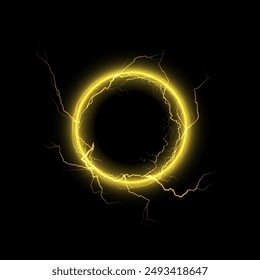 Glowing electric circle with lightning bolts radiating from the edges. Vector illustration of a yellow thunder ring on a black background, creating a dynamic and energetic effect.