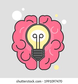 Glowing electric light bulb inside a human brain. Creative ideas, innovation, creativity concept. Flat style. Isolated.