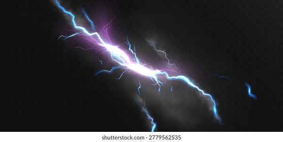 Glowing electric lightning strike with neon plasma sparks smoke and thunder flash on dark background.