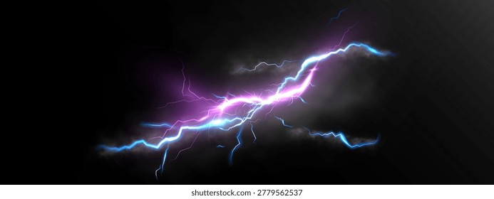 Glowing electric lightning strike with neon plasma sparks smoke and thunder flash on dark background.