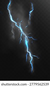 Glowing electric lightning strike with neon plasma sparks smoke and thunder flash on dark background.