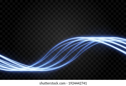 Glowing Electric Magical Wavy Neon Light Lines, Vector. Neon Lights Isolated Transparent Background, Png.