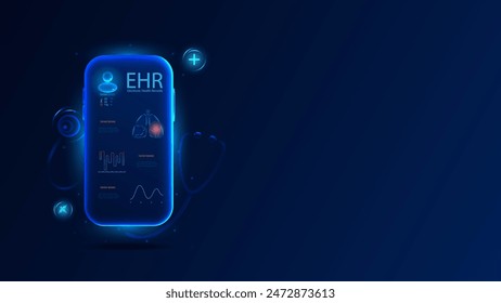 Glowing electronic health record EHR interface on a dark background. EHR system.