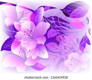 Glowing elegance floral vector panel  pattern. Ornamental abstract purple violet pink color romantic background. Transparent beautiful flowers, leaves, swirl lines, branches. Design for wallpapers