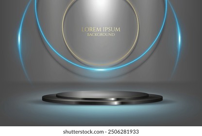 leuchtende und elegante Kurve blauen Linien und goldenen Ring, dekorative schwarze Podium digitale geometrische Luxus-Präsentation und Produkt-Display Hintergrund und Award-Banner Vektorgrafik.