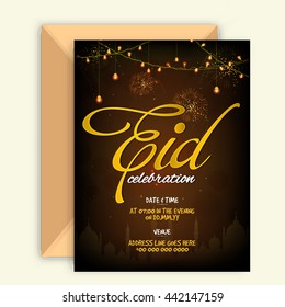 Glowing elegant Invitation Card with Envelope and Golden text Eid on Mosque silhouetted, sparkling brown background for Muslim Community Festival Celebration.