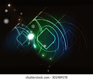 Glowing elements and blending colors in dark space. Vector illustration. Abstract background