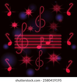 Glowing elements on a musical theme. Notes, treble clef. Vector illustration