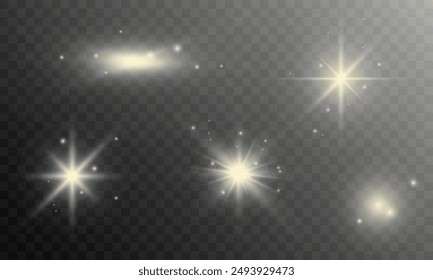 Elementos brillantes estrellas brillan en un fondo transparente oscuro en Vector
