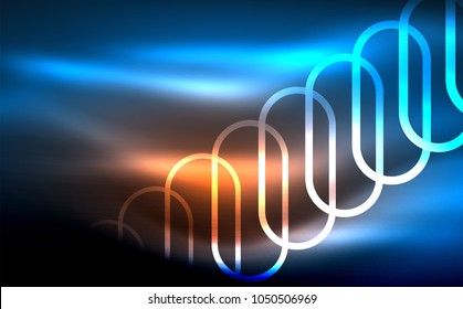 Glowing ellipses dark background, waves and swirl, neon light effect, shiny magic effects. Vector illustration